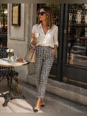 ZARA Black White Gingham Pants Medium Zip Front Slim Fit Chic